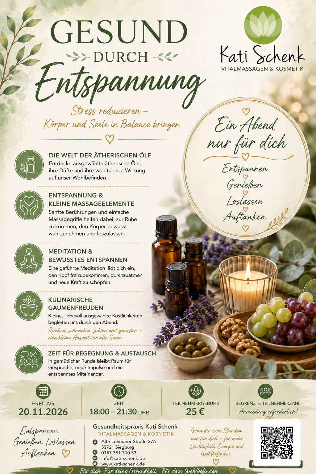 Gesund durch Entspannung: Abend mit ätherischen Ölen, Massageelementen und Meditation am Freitag, 20.11.2026, 18:00 bis 21:30 Uhr. Teilnehmergebühr 25 Euro, Anmeldung erforderlich.