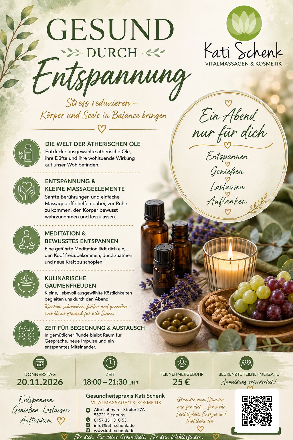 Gesund durch Entspannung: Abend mit ätherischen Ölen, Massageelementen und Meditation am Donnerstag, 20.11.2026, 18:00 bis 21:30 Uhr. Teilnehmergebühr 25 Euro, Anmeldung erforderlich.